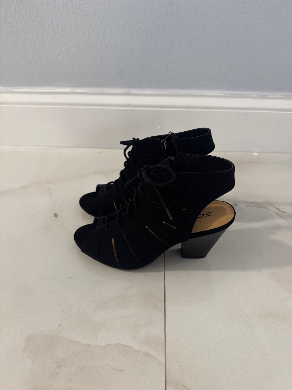 Soda Black Lace-Up Peep Toe Block Heel Sandals